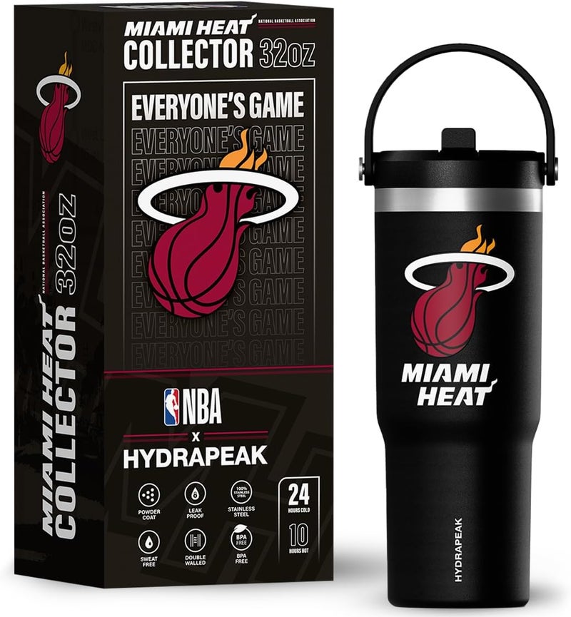 Hydrapeak x NBA Officially Licensed Miami Heat 32oz Nomad Stainless Steel Tumbler with Handle and Straw Lid, Leakproof Water Bottle in Limited Edition Collector's Gift Box - Image 1